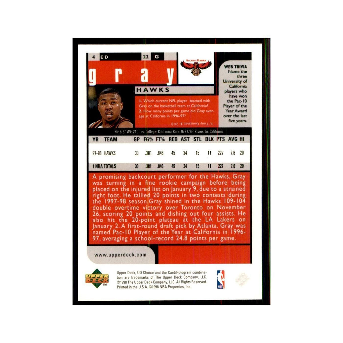 1998 UD Choice Ed Gray Basketball Cards #4