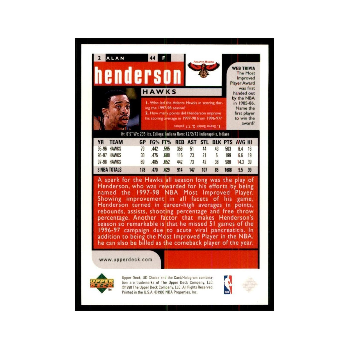 1998 UD Choice Alan Henderon Basketball Cards #2