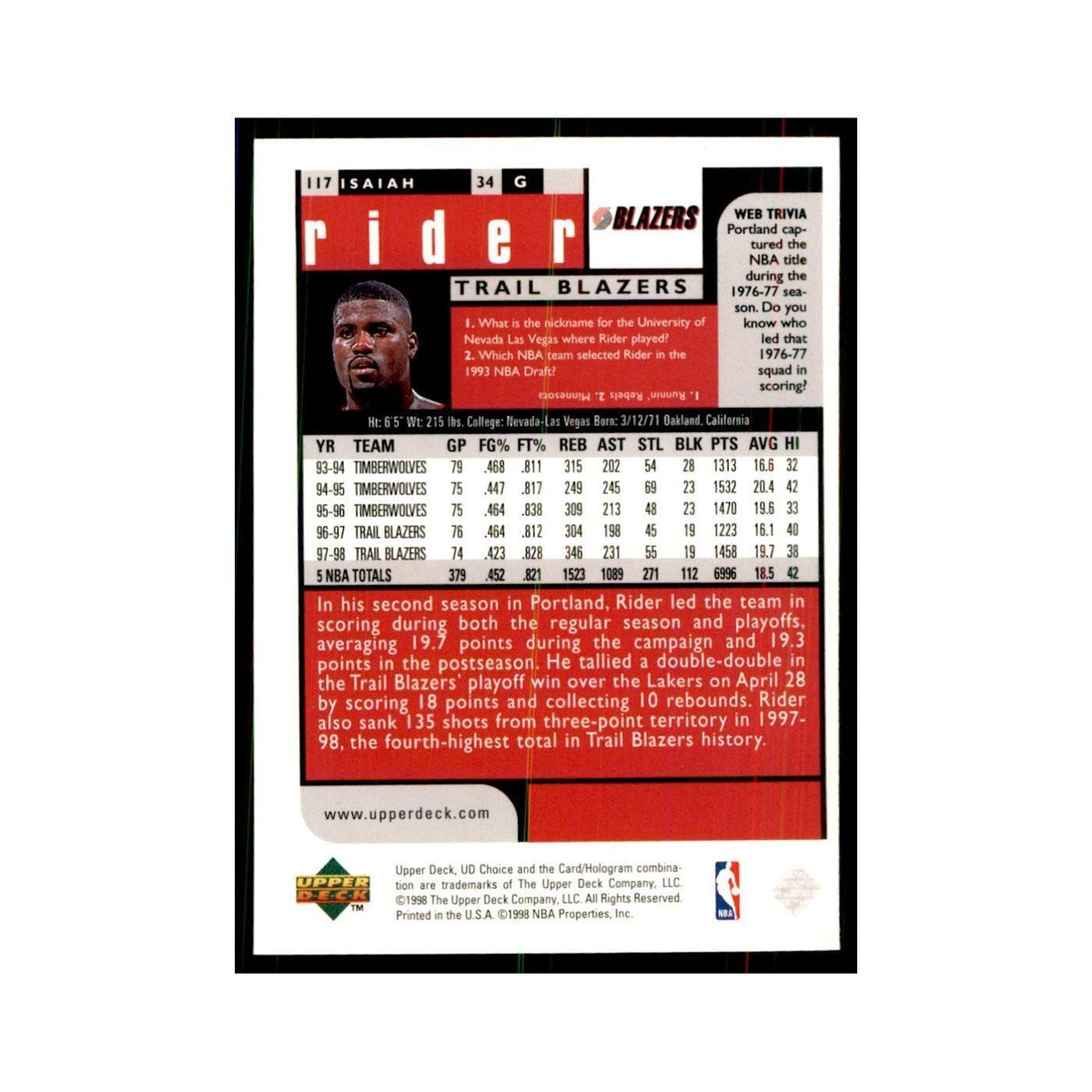 1998 UD Choice Isaiah Rider Basketball Cards #117
