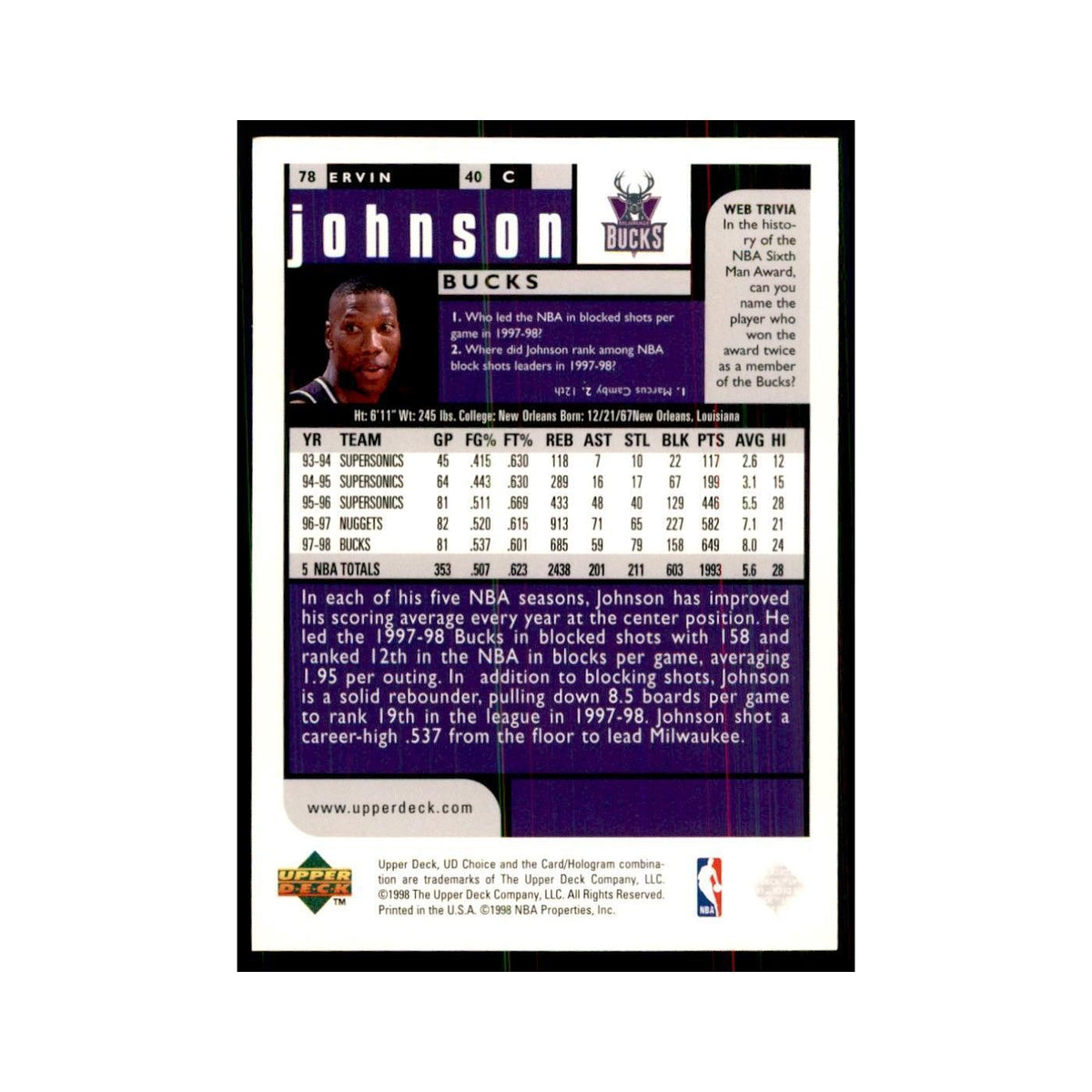 1998 UD Choice Ervin Johnson Basketball Cards #78