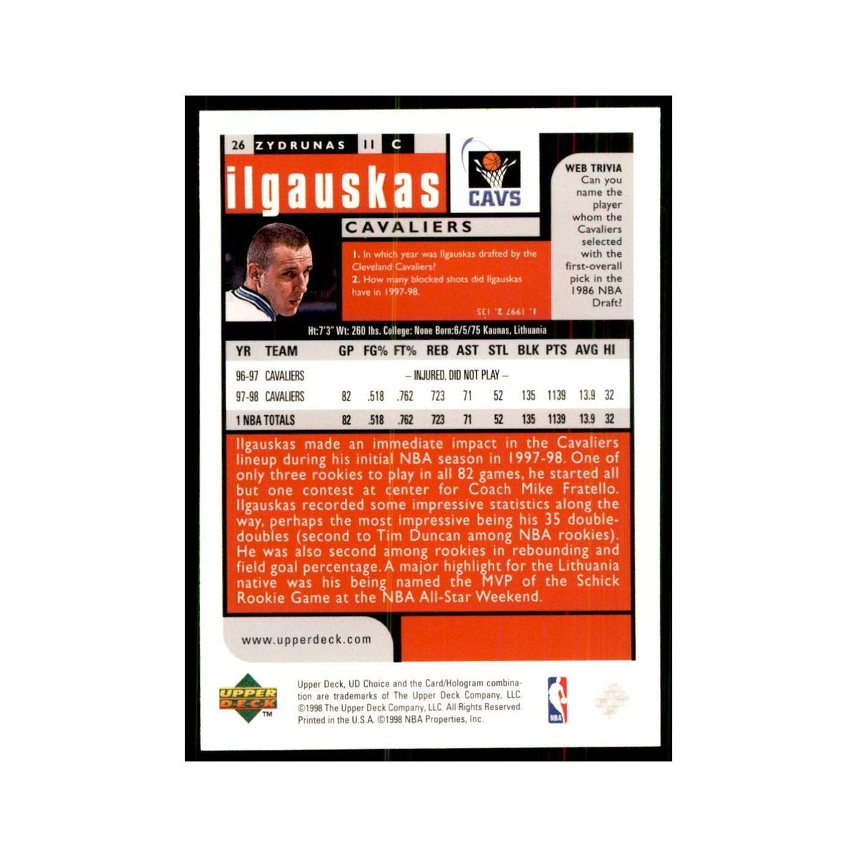 1998 UD Choice Zydrunas Ilgauskas Basketball Cards #26