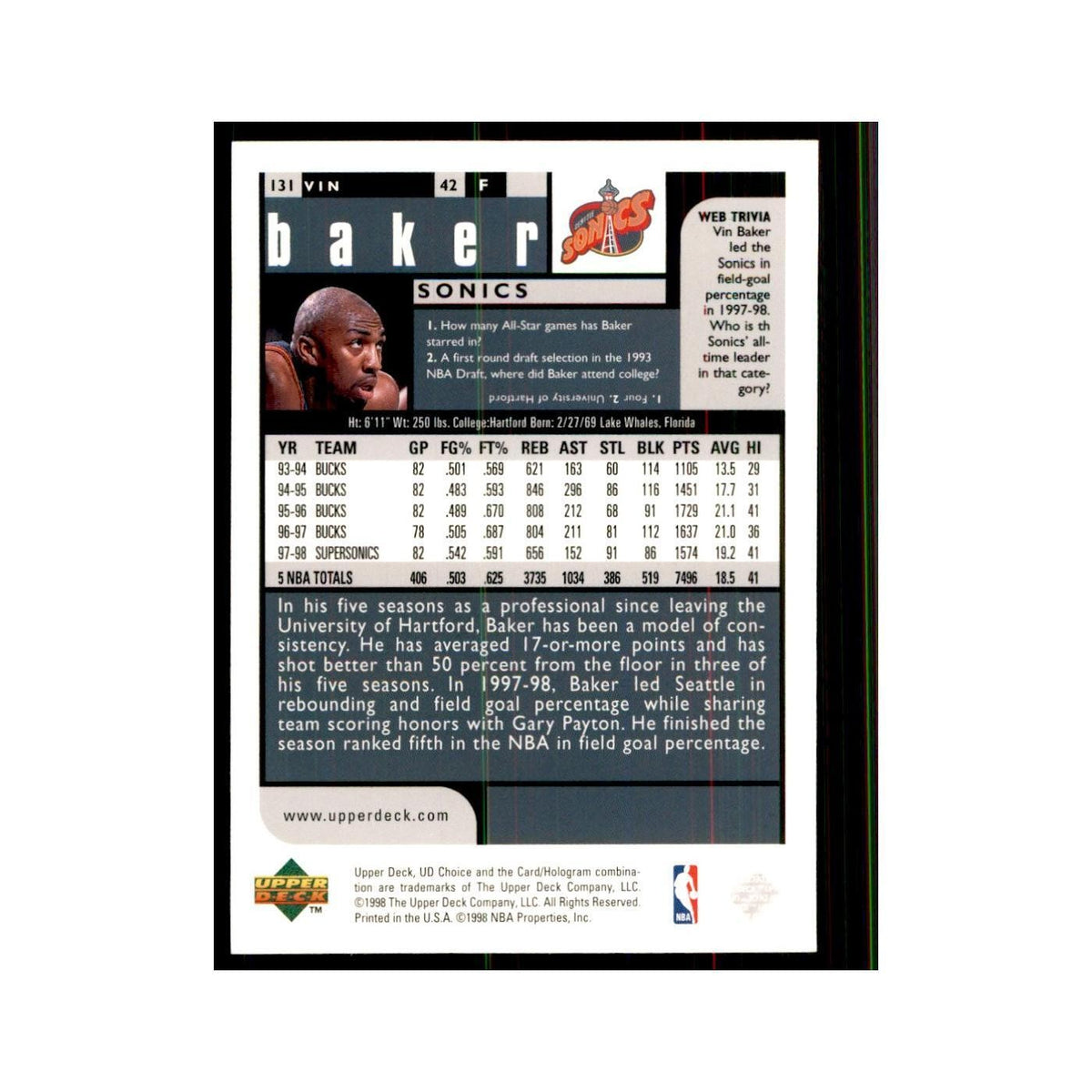 1998 UD Choice Vin Baker Basketball Cards #131