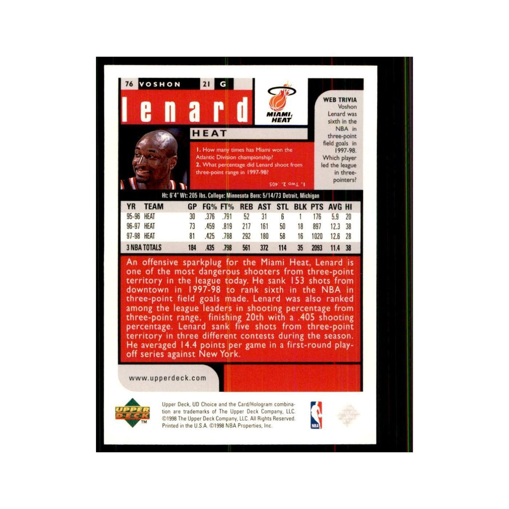 1998 UD Choice Voshon Lenard Basketball Cards #76