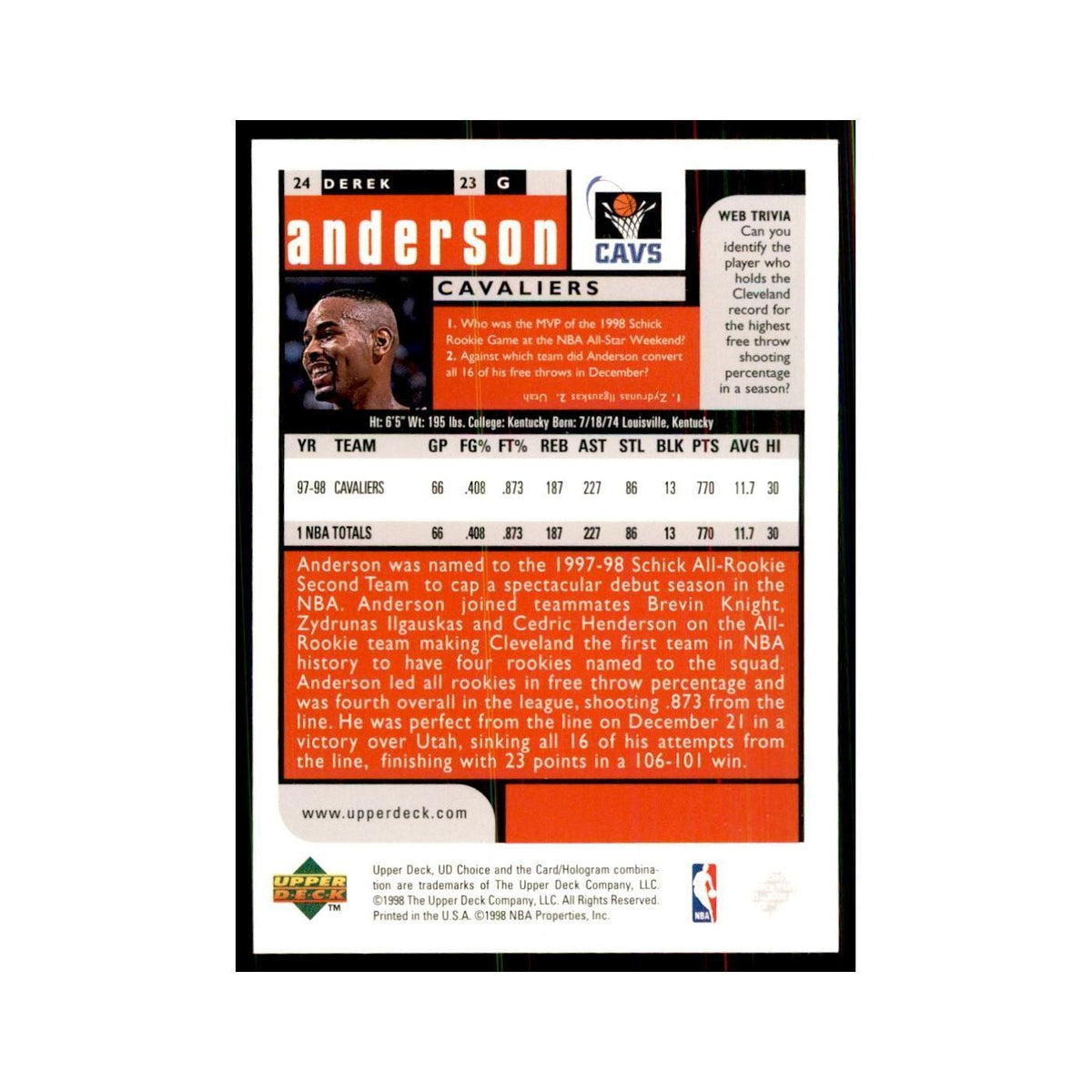 1998 UD Choice Derek Anderson Basketball Cards #24