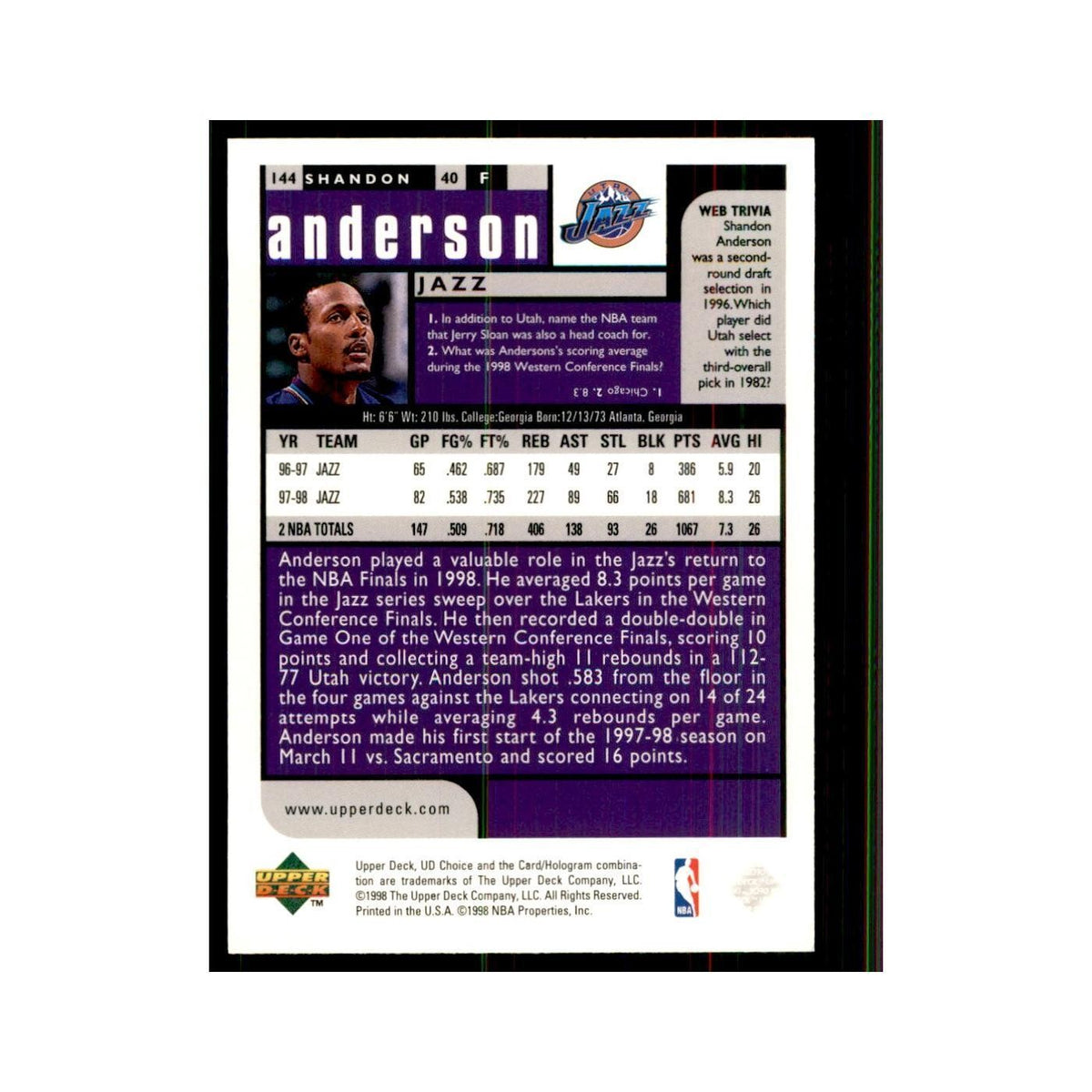 1998 UD Choice Shandon Anderson Basketball Cards #144