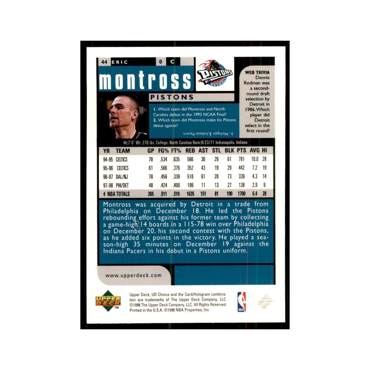 1998 UD Choice Eric Montross Basketball Cards #44