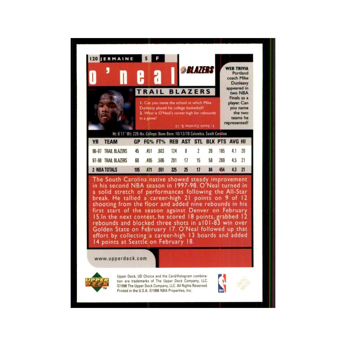 1998 UD Choice Jermaine O'Neal Basketball Cards #120