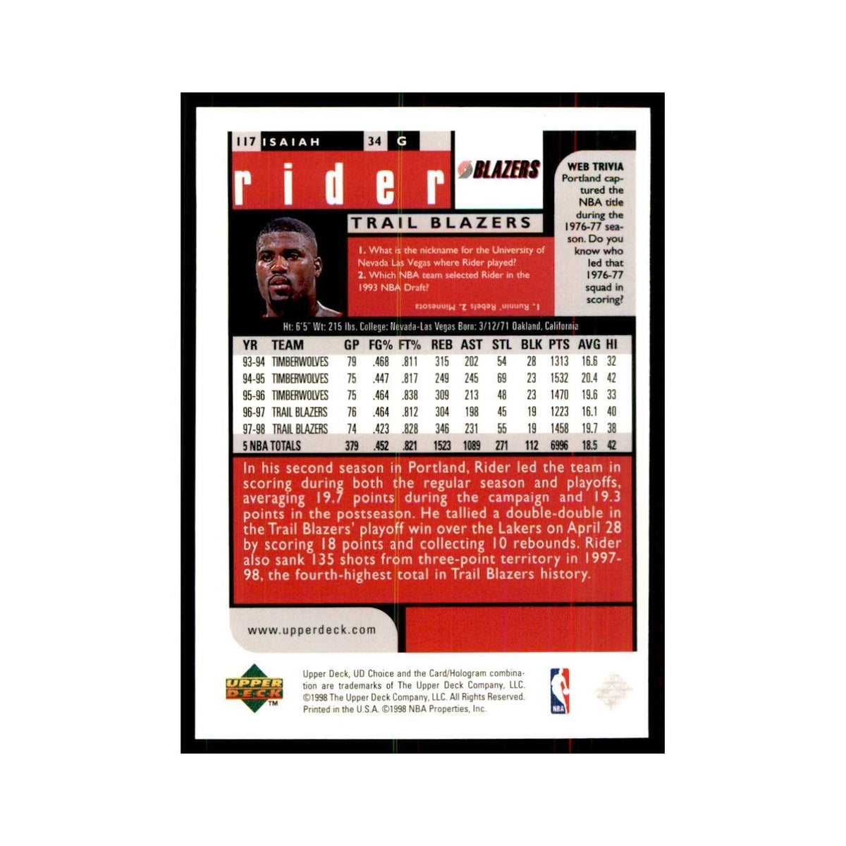 1998 UD Choice Isaiah Rider Basketball Cards #117