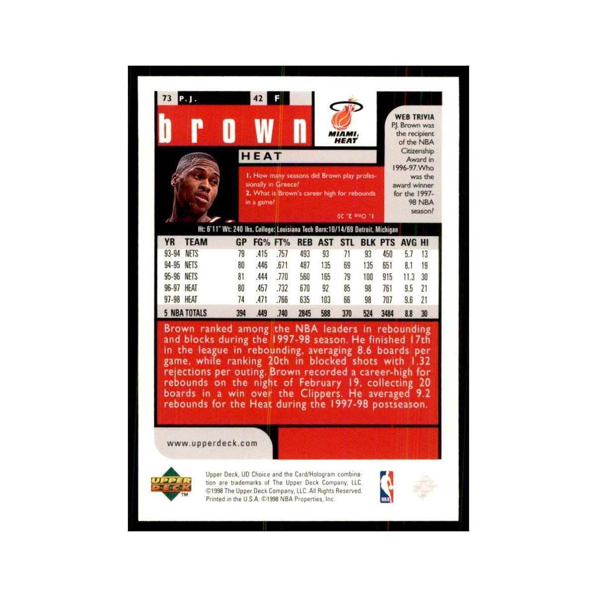 1998 UD Choice P.J. Brown Basketball Cards #73