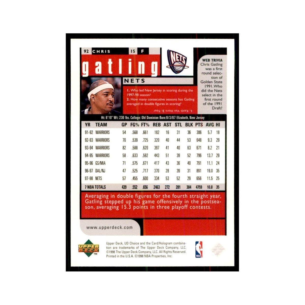 1998 UD Choice Chris Gatling Basketball Cards #92