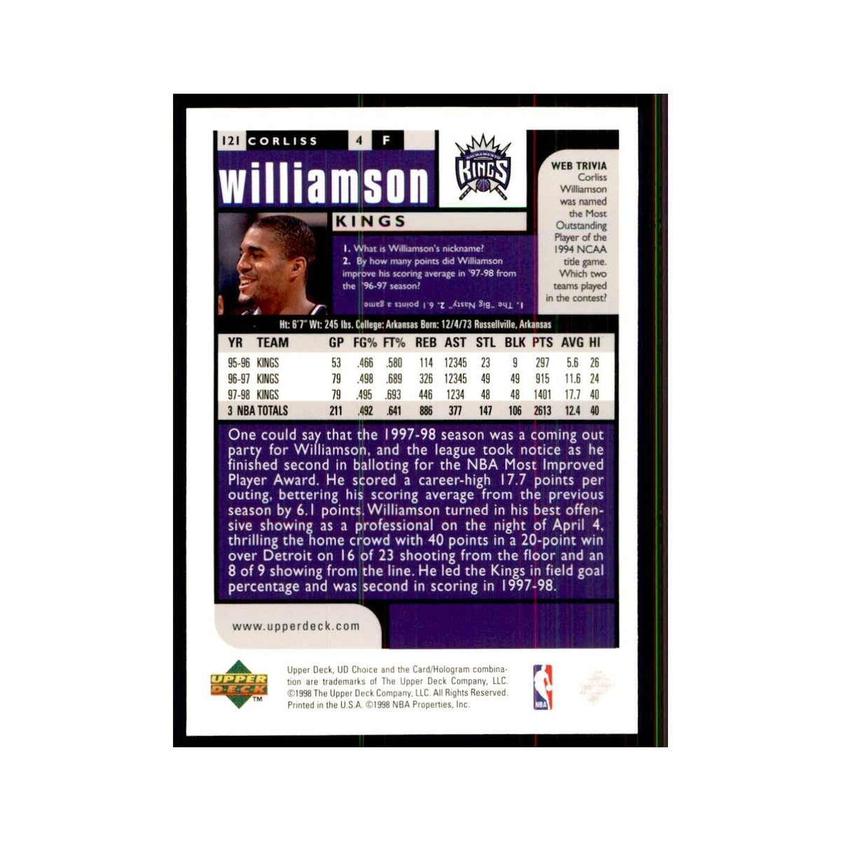 1998 UD Choice Corliss Williamson Basketball Cards #121