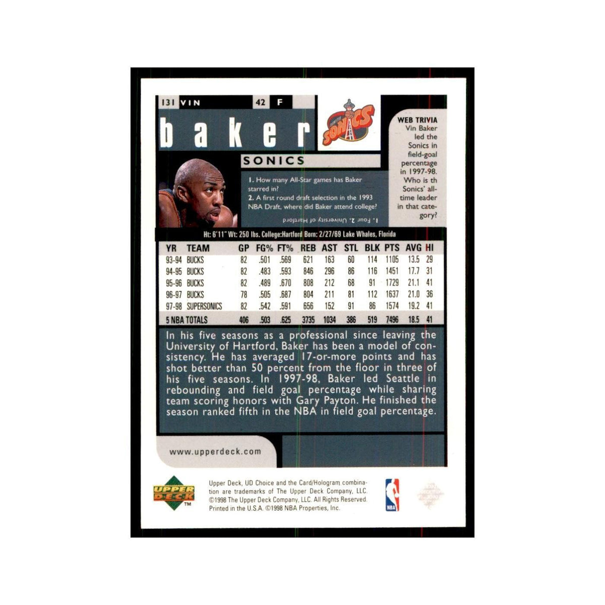 1998 UD Choice Vin Baker Basketball Cards #131