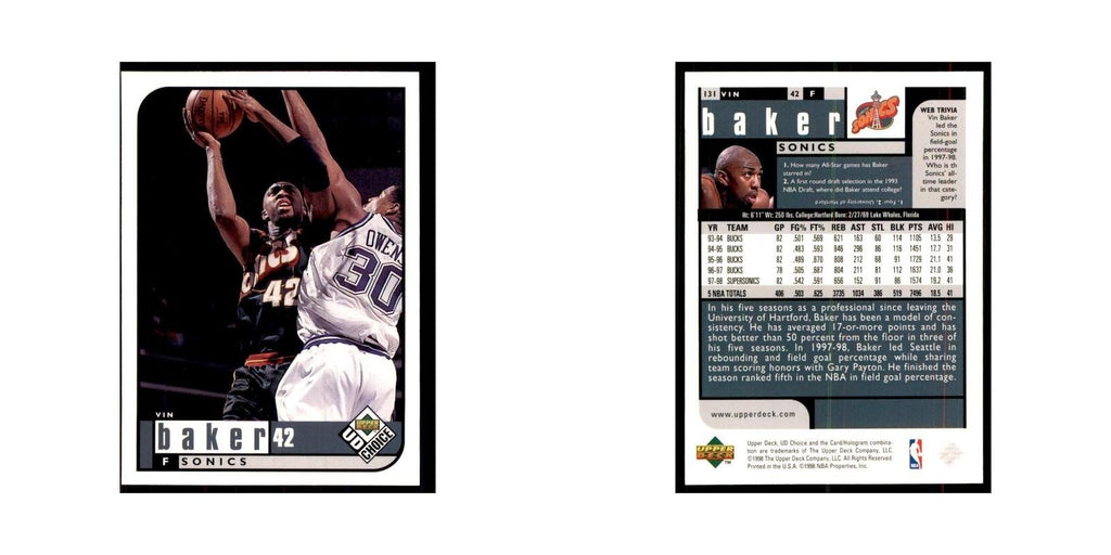 1998 UD Choice Vin Baker Basketball Cards #131