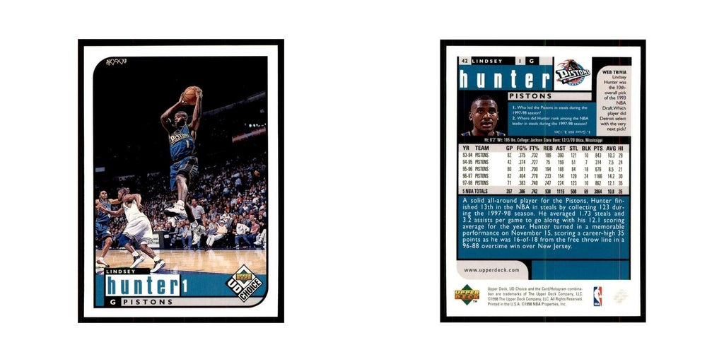 1998 UD Choice Lindsey Hunter Basketball Cards #42