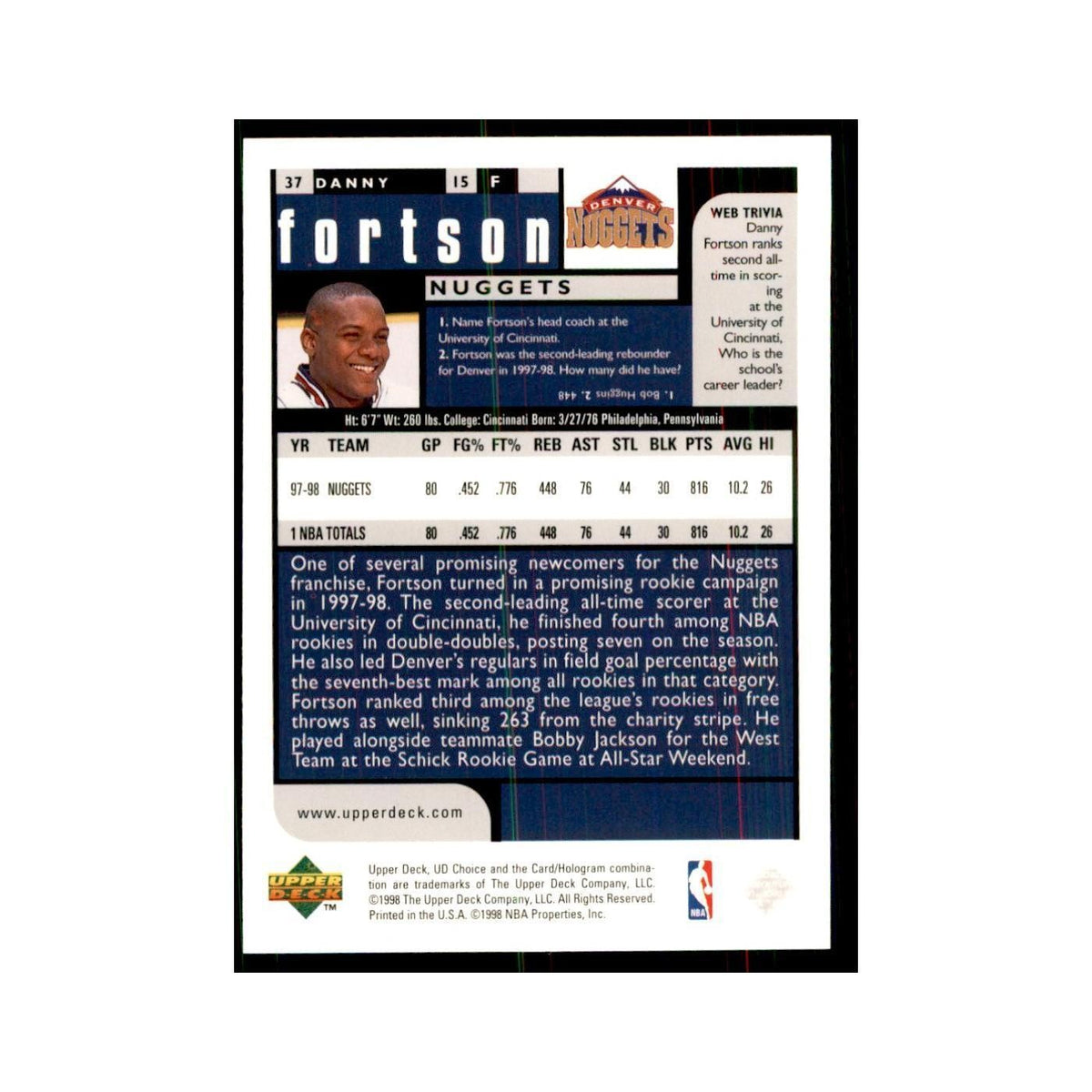 1998 UD Choice Danny Fortson Basketball Cards #37