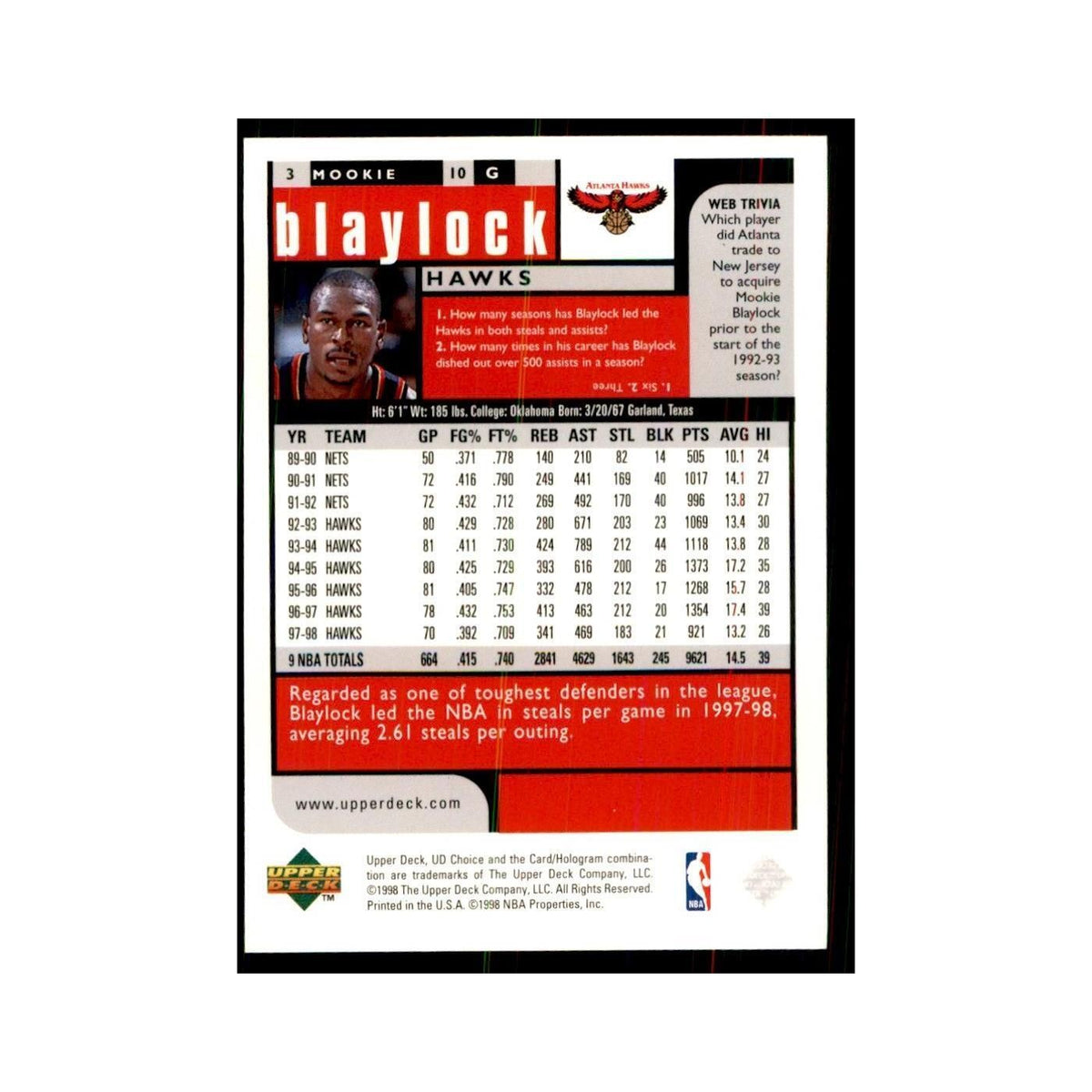 1998 UD Choice Mookie Blaylock Basketball Cards #3