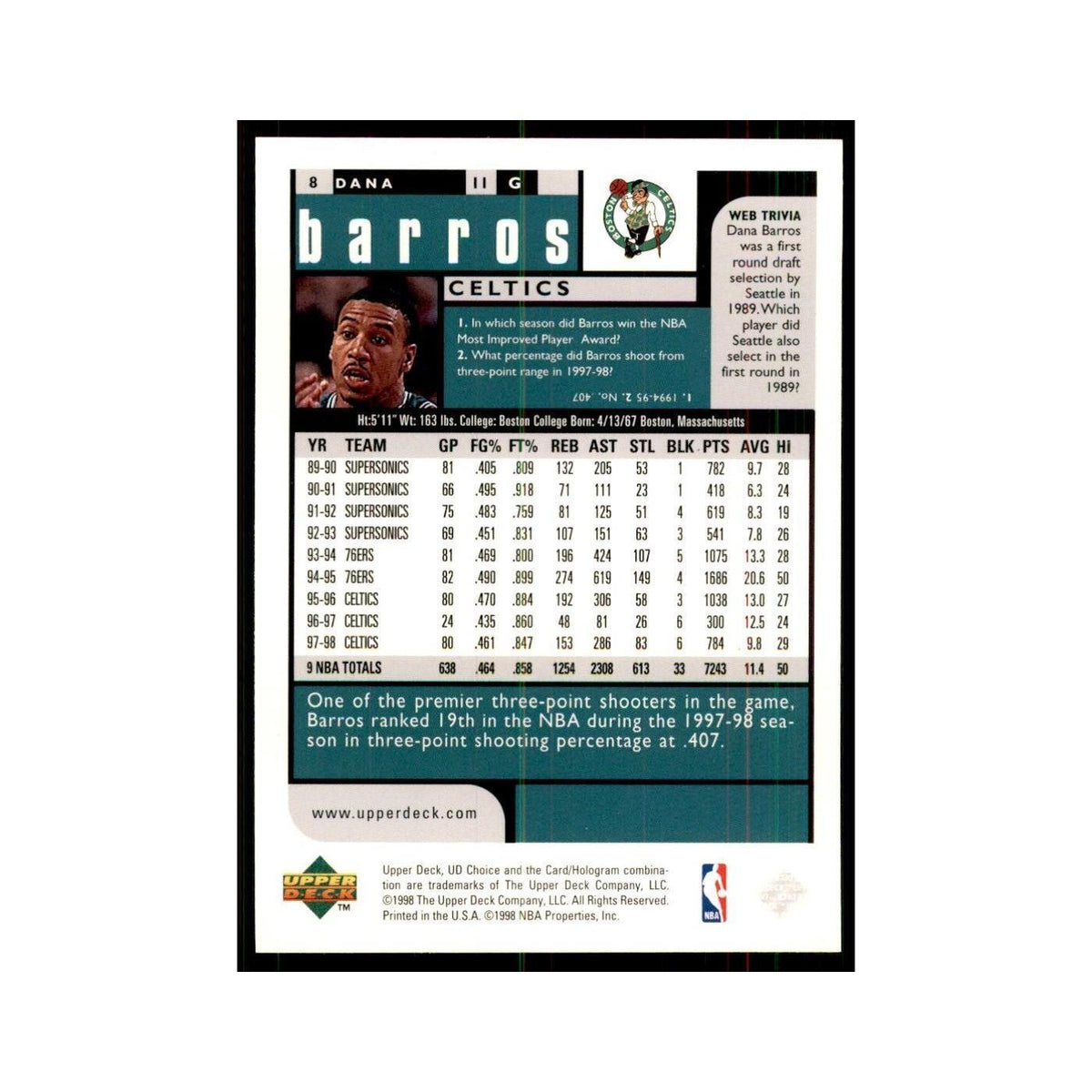 1998 UD Choice Dana Barros Basketball Cards #8