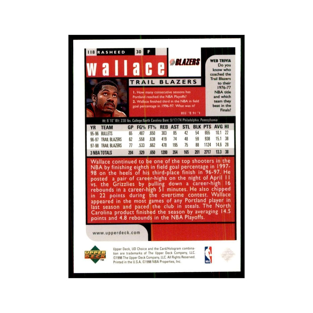 1998 UD Choice Rasheed Wallace Basketball Cards #118