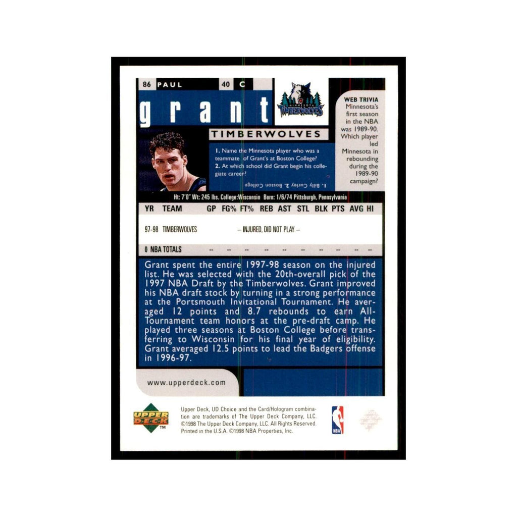 1998 UD Choice Paul Grant Basketball Cards #86