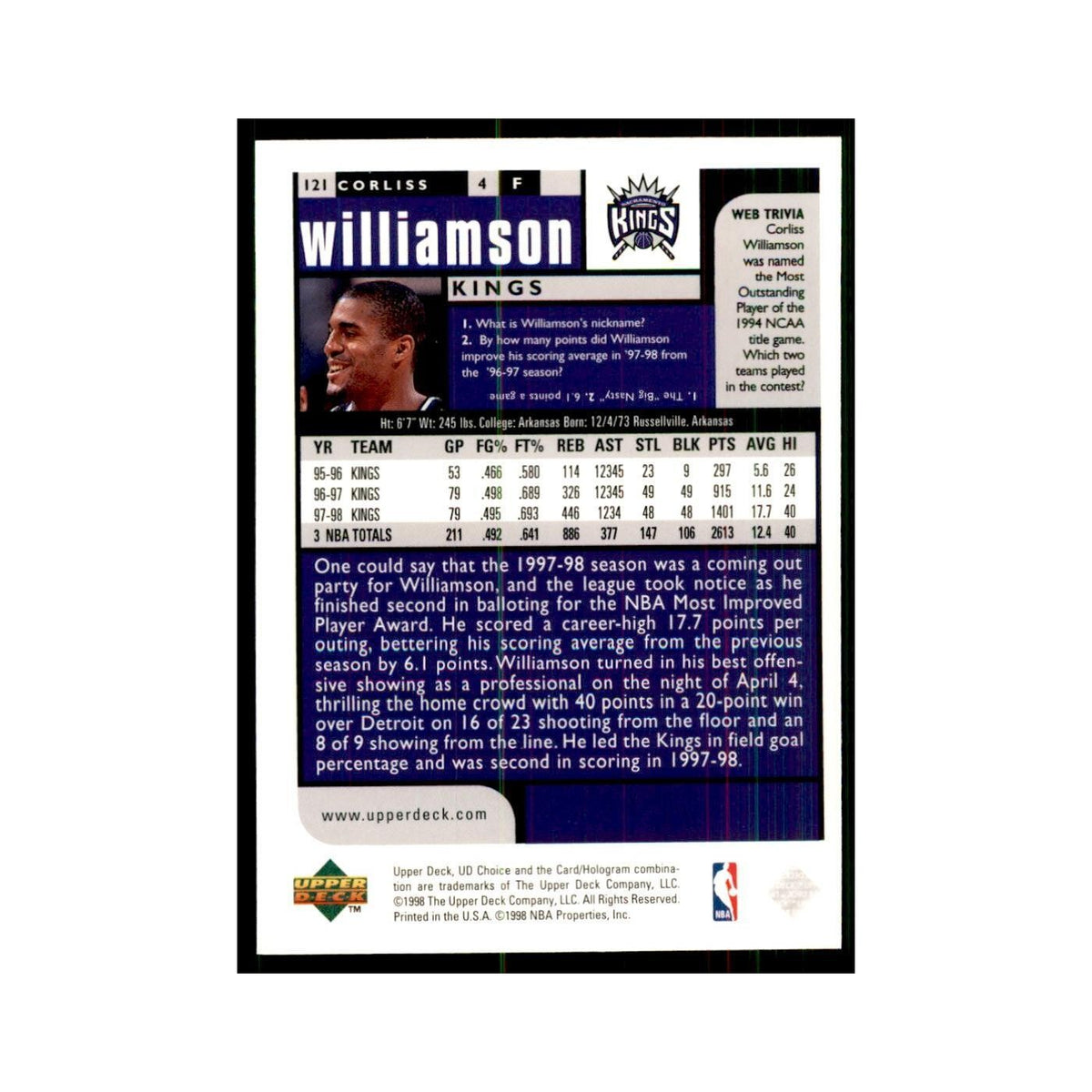1998 UD Choice Corliss Williamson Basketball Cards #121