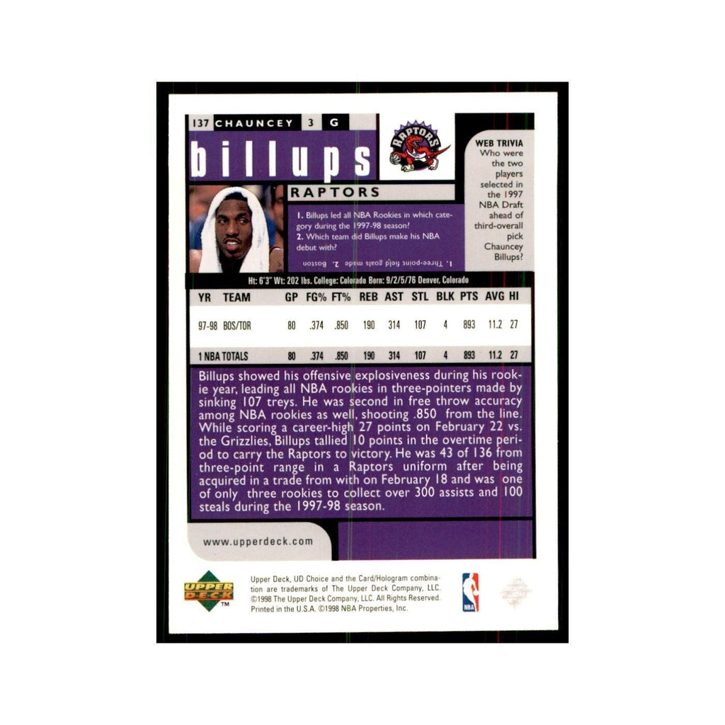 1998 UD Choice Chauncey Billups Basketball Cards #137