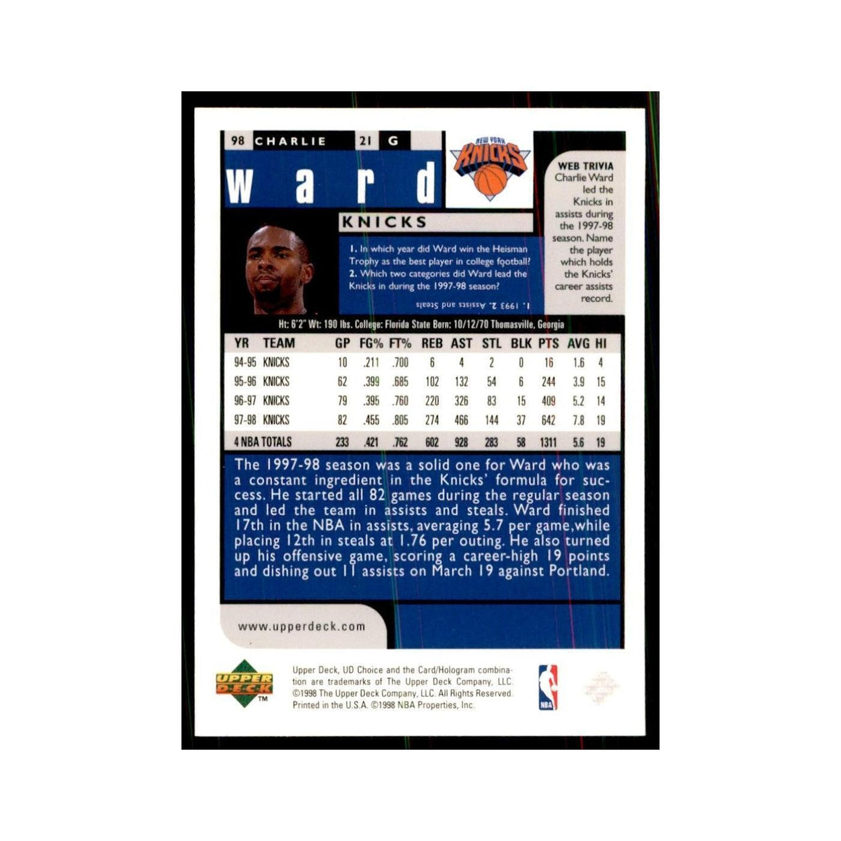 1998 UD Choice Charlie Ward Basketball Cards #98