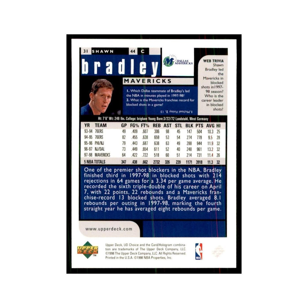 1998 UD Choice Shawn Bradley Basketball Cards #31