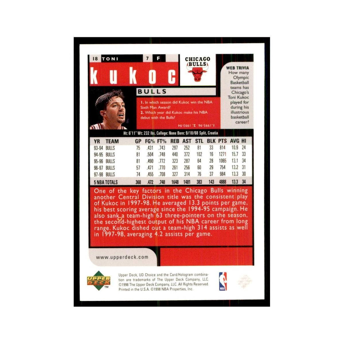 1998 UD Choice Toni Kukoc Basketball Cards #18