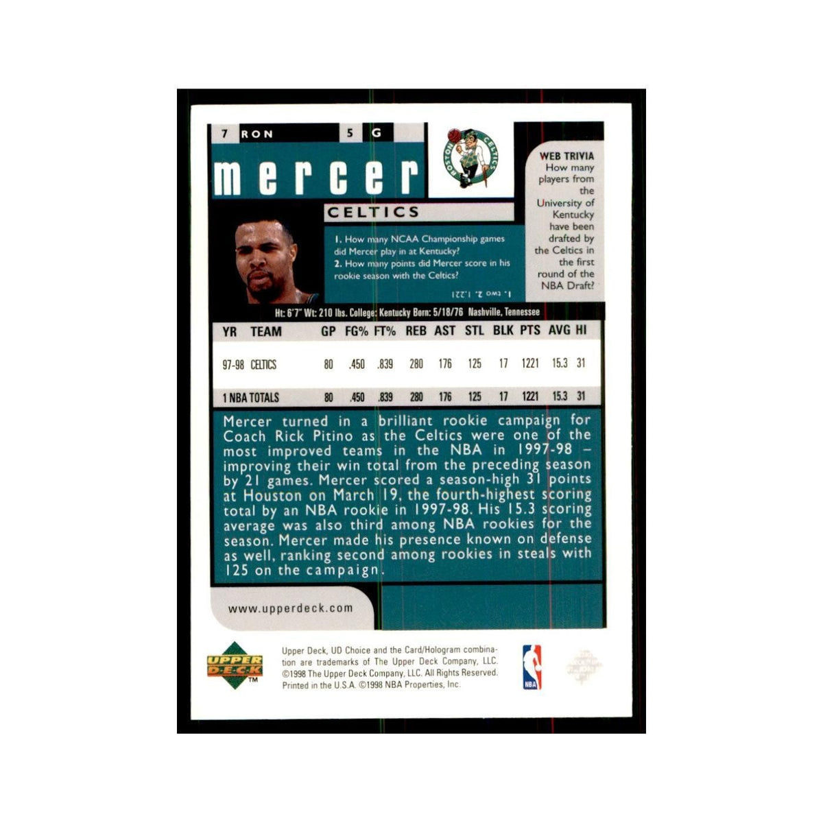1998 UD Choice Ron Mercer Basketball Cards #7