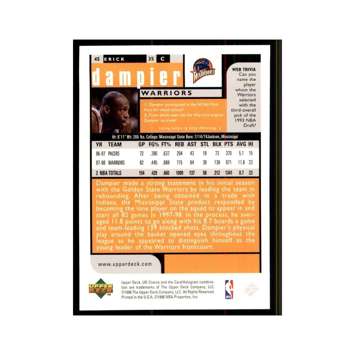 1998 UD Choice Erick Dampier Basketball Cards #45