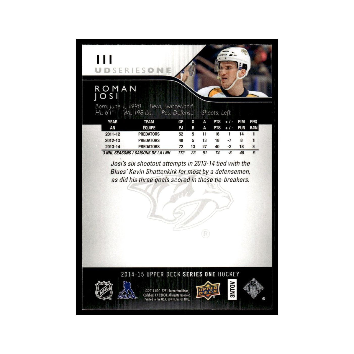 Roman Josi 2014 Upper Deck #111 Nashville Predators Hockey Card NM