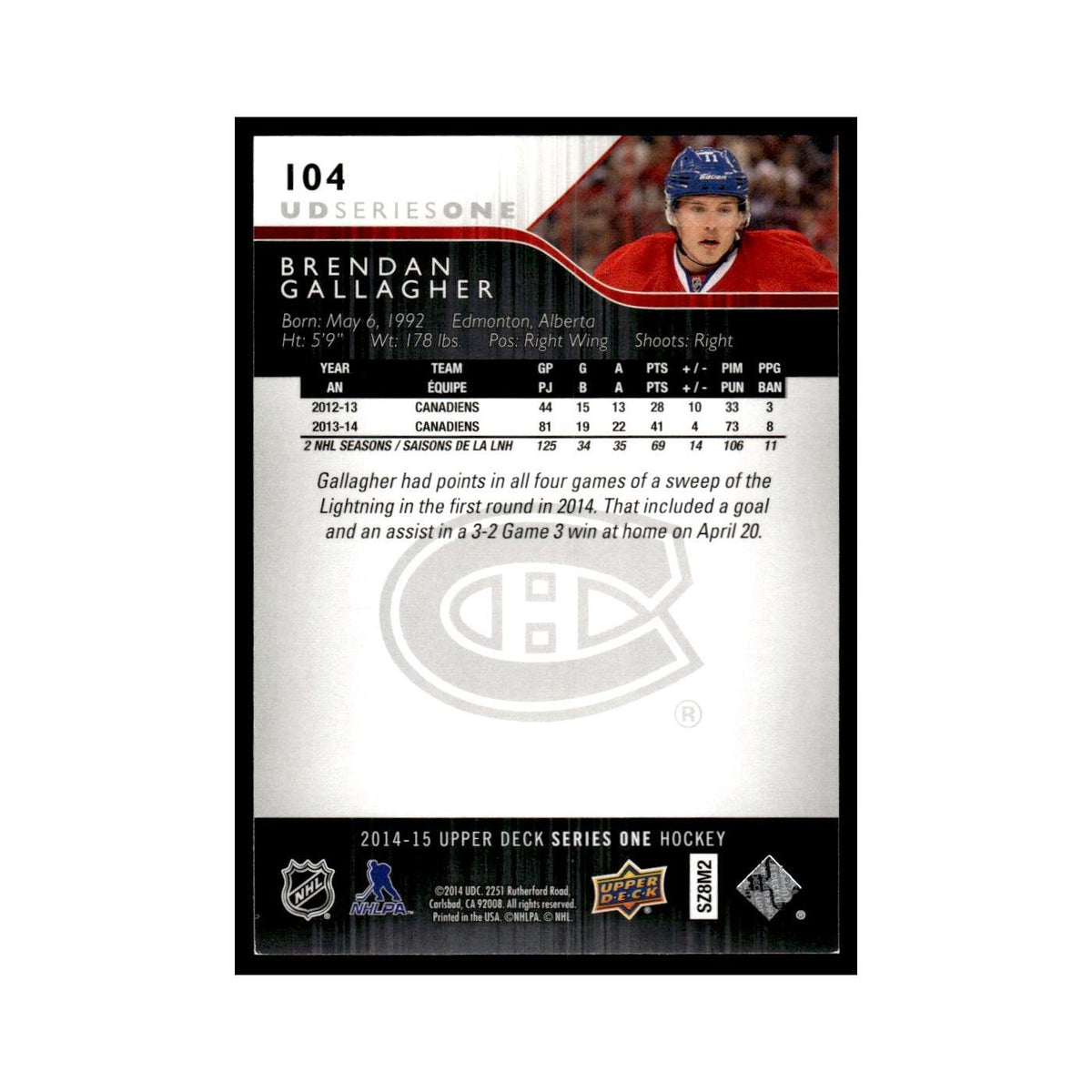 Brendan Gallagher 2014 Upper Deck #104 Montreal Canadiens Hockey Card NM
