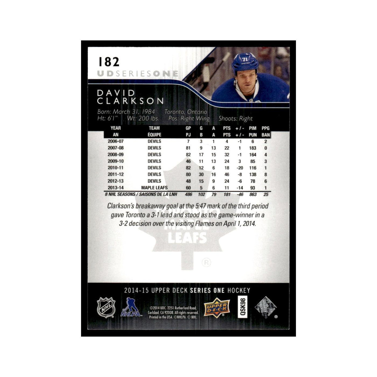 David Clarkson 2014 Upper Deck #182 Toronto Maple Leafs Hockey Card NM