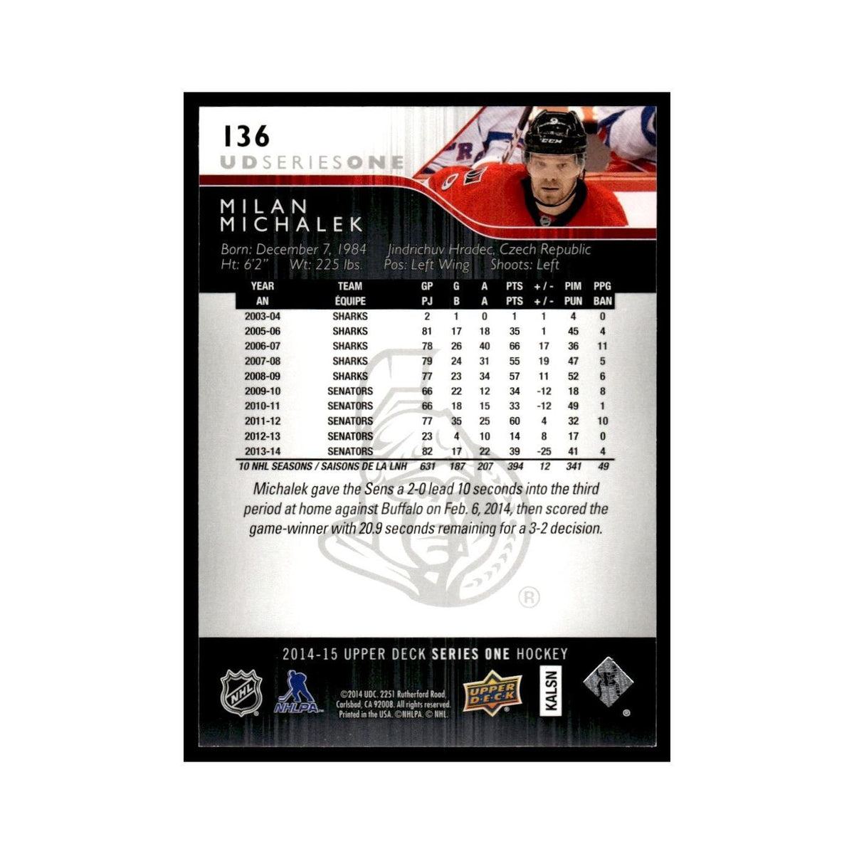 Milan Michalek 2014 Upper Deck #136 Ottawa Senators Hockey Card NM