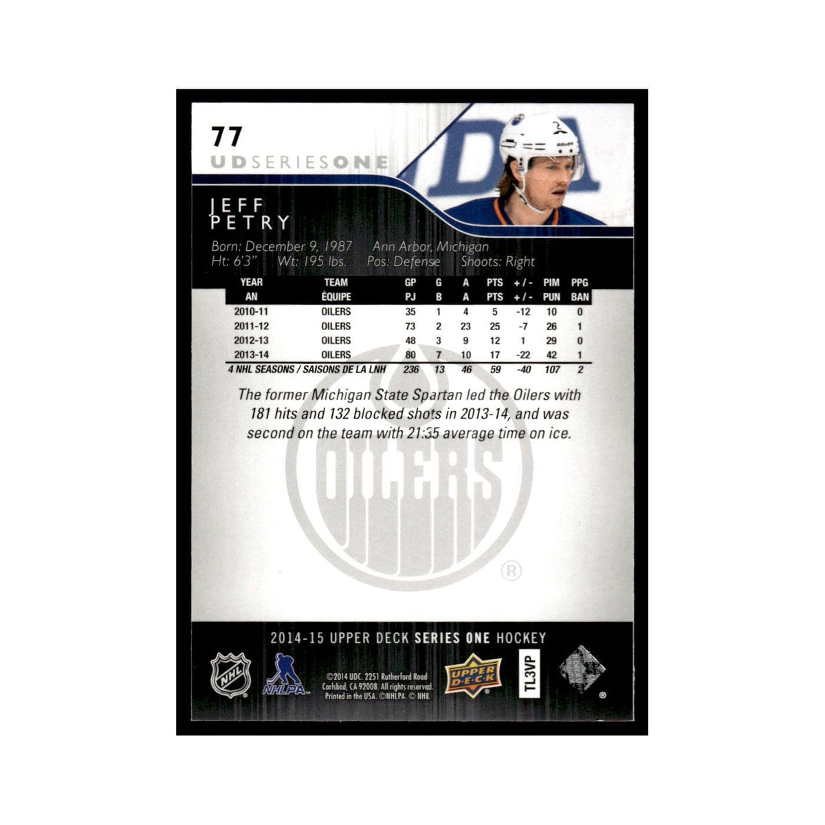 Jeff Petry 2014 Upper Deck #77 Edmonton Oilers Hockey Card NM