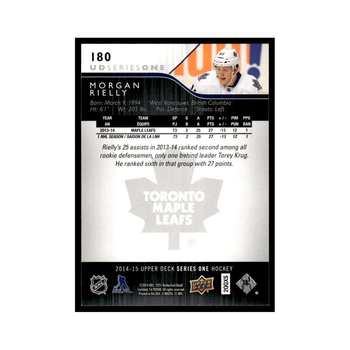 Morgan Rielly 2014 Upper Deck #180 Toronto Maple Leafs Hockey Card NM