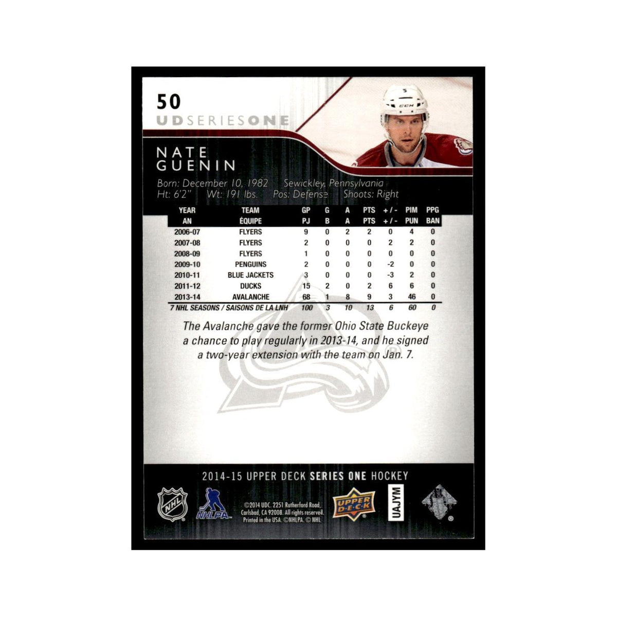 Nate Guenin 2014 Upper Deck #50 Colorado Avalanche Hockey Card NM