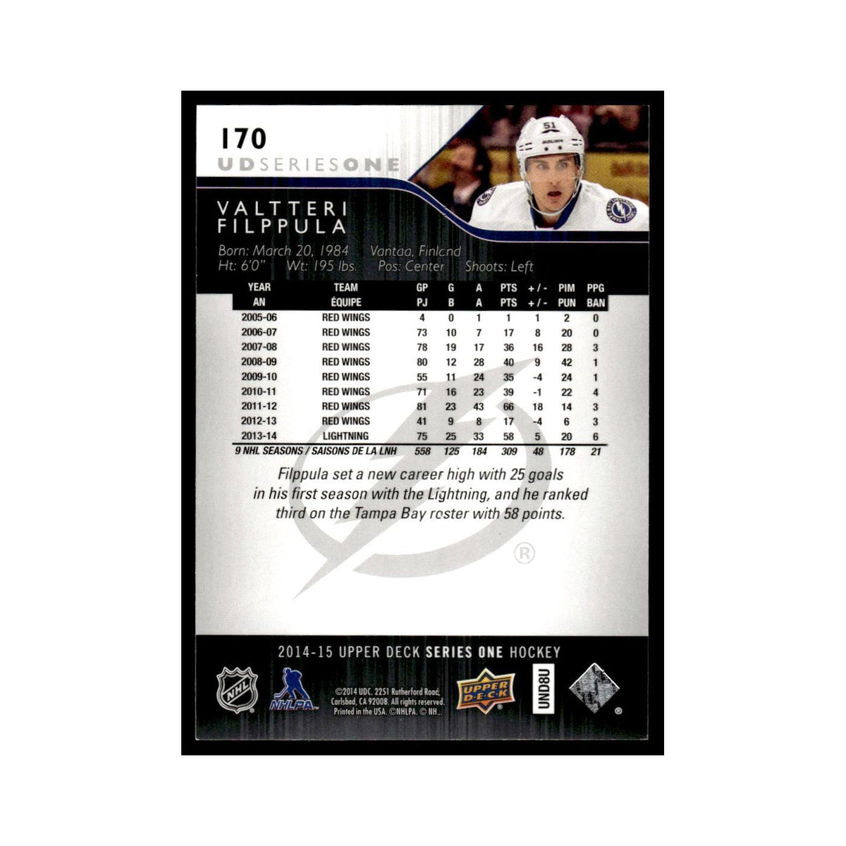 Valtteri Filppula 2014 Upper Deck #170 Tampa Bay Lightning Hockey Card NM