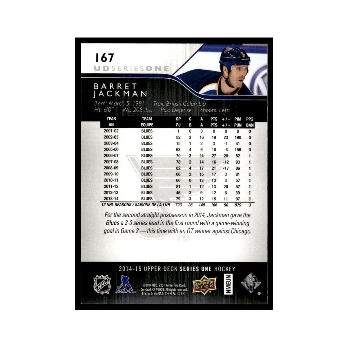 Barret Jackman 2014 Upper Deck #167 St. Louis Blues Hockey Card NM