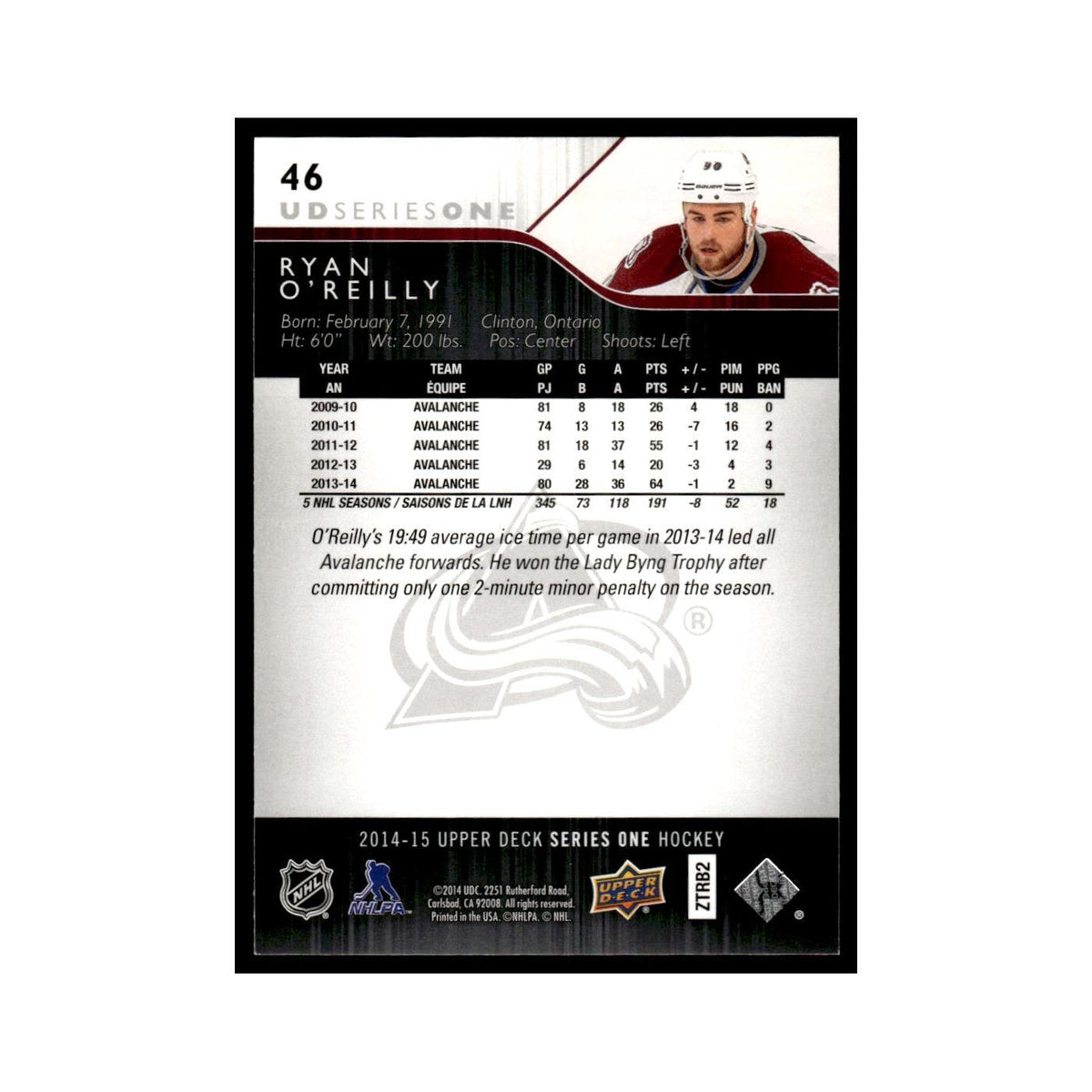 Ryan O'Reilly 2014 Upper Deck #46 Colorado Avalanche Hockey Card NM