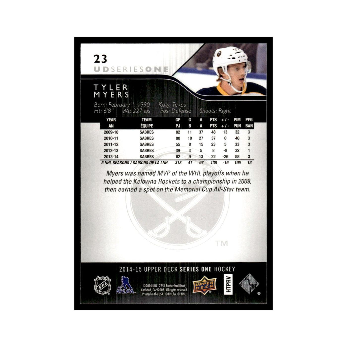 Tyler Myers 2014 Upper Deck #23 Buffalo Sabres Hockey Card NM