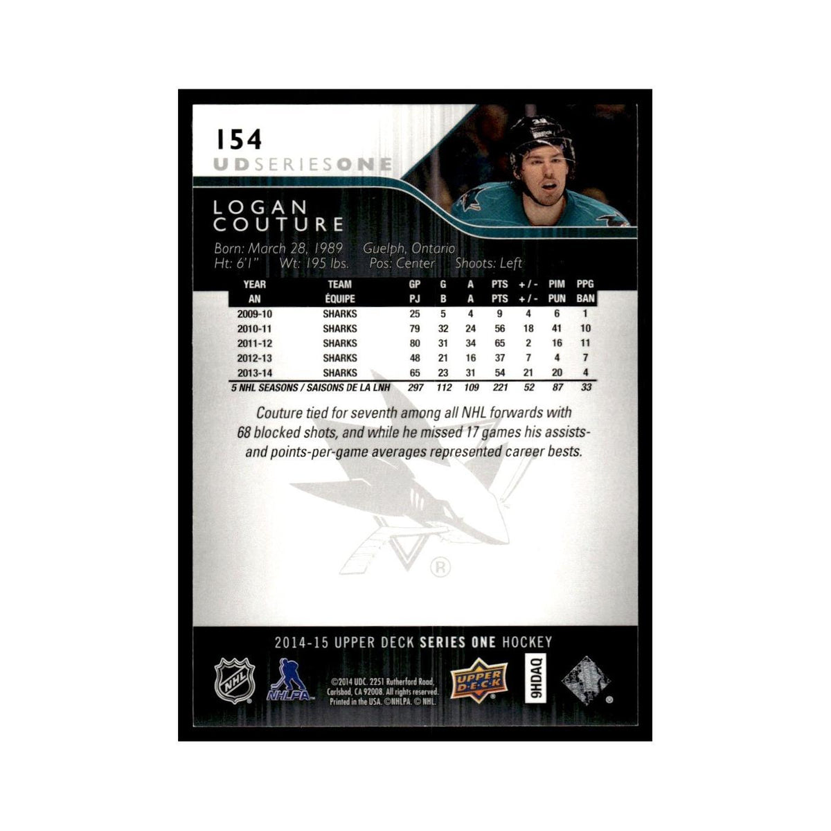 Logan Couture 2014 Upper Deck #154 San Jose Sharks Hockey Card NM