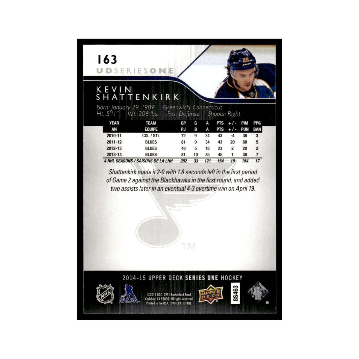 Kevin Shattenkirk 2014 Upper Deck #163 St. Louis Blues Hockey Card NM