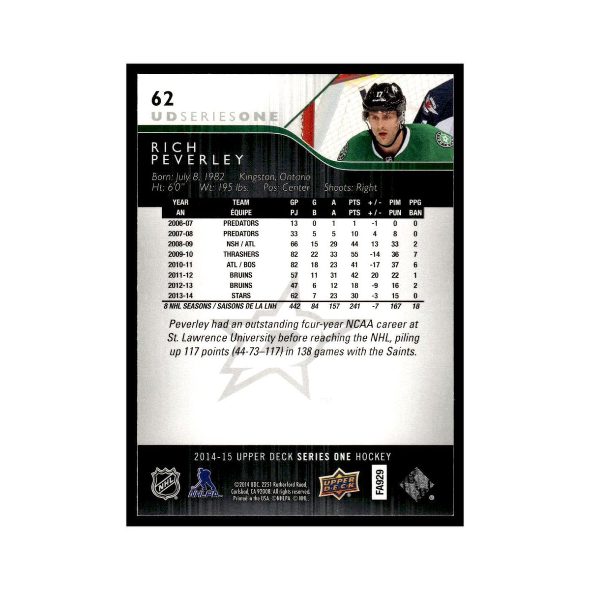 Rich Peverley 2014 Upper Deck #62 Dallas Stars Hockey Card NM
