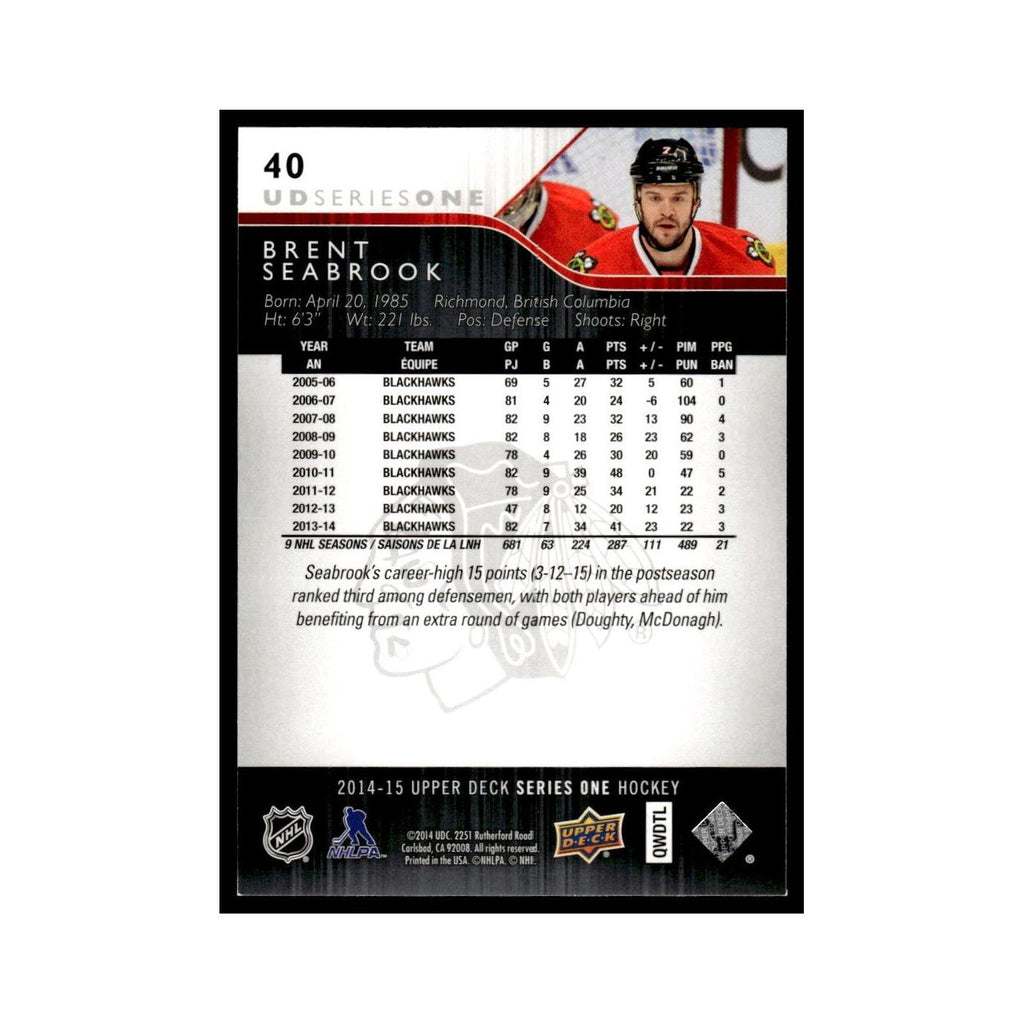 Brent Seabrook 2014 Upper Deck #40 Chicago Blackhawks Hockey Card NM