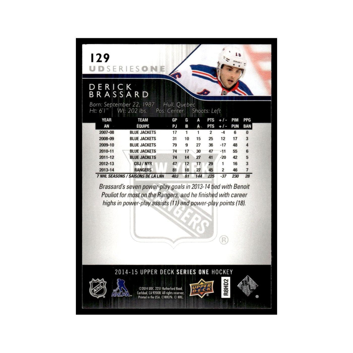 Derick Brassard 2014 Upper Deck #129 New York Rangers Hockey Card NM