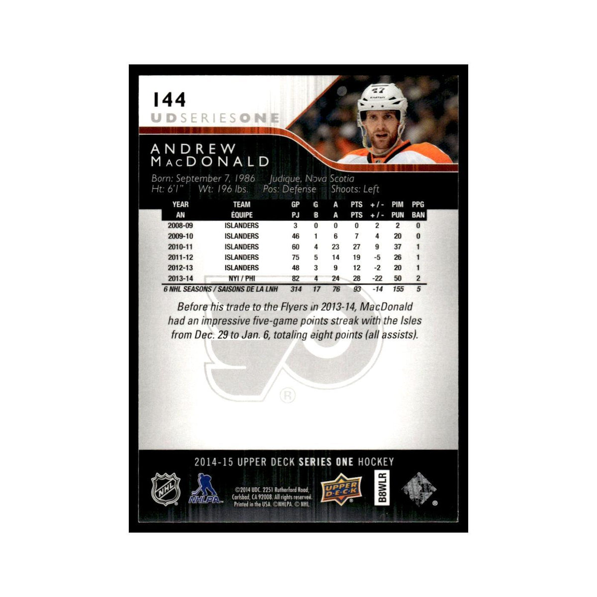 Andrew MacDonald 2014 Upper Deck #144 Philadelphia Flyers Hockey Card NM