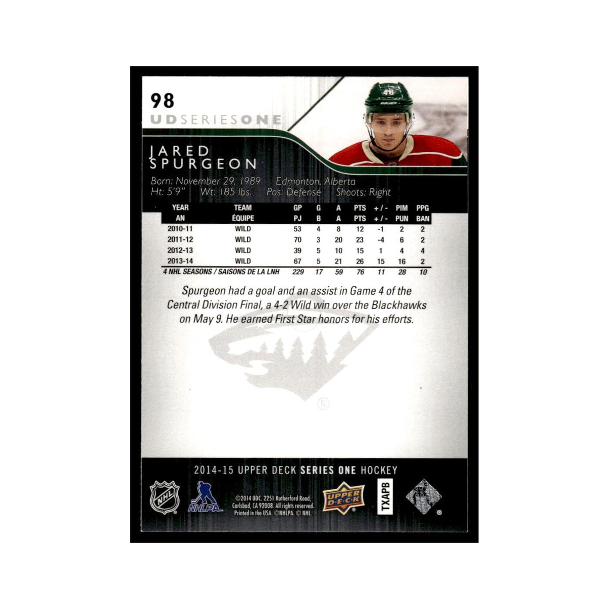 Jared Spurgeon 2014 Upper Deck #98 Minnesota Wild Hockey Card NM