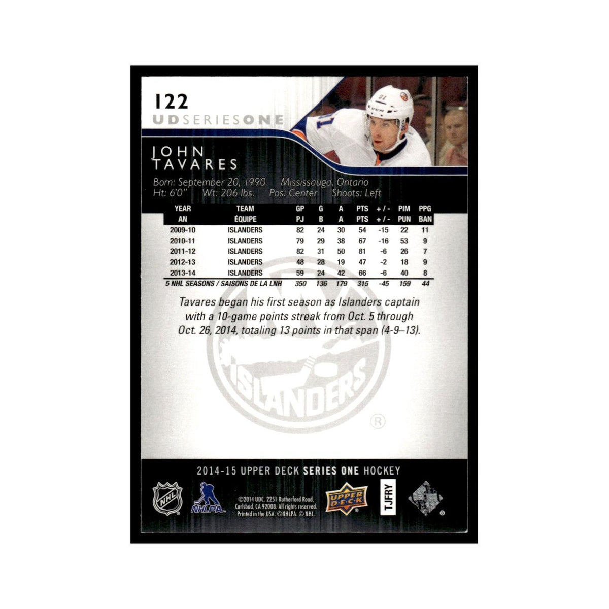 John Tavares 2014 Upper Deck #122 New York Islanders Hockey Card NM