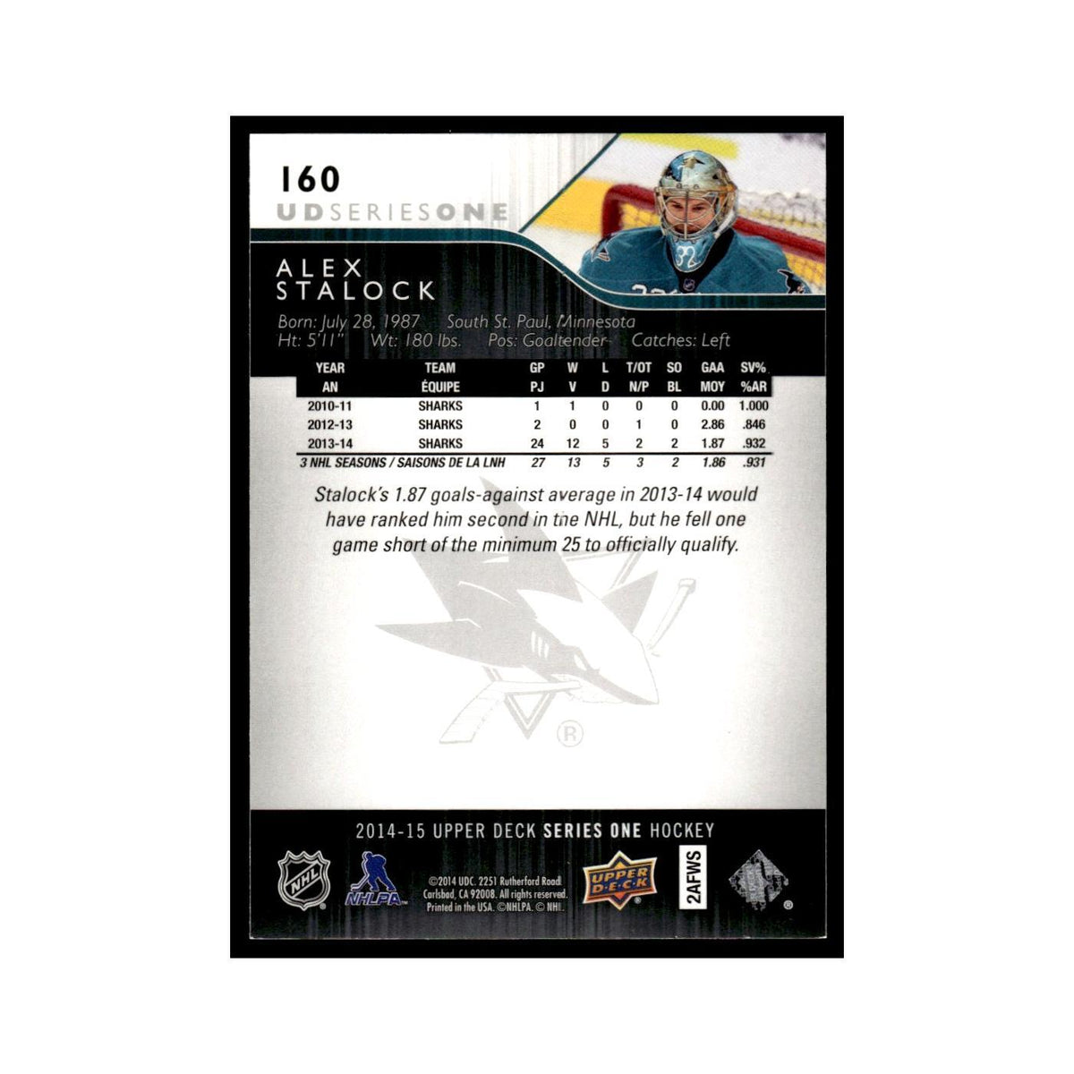 Alex Stalock 2014 Upper Deck #160 San Jose Sharks Hockey Card NM